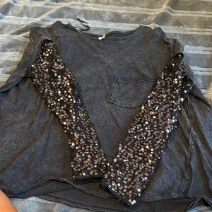Free People Sequin Sleeve Black Top